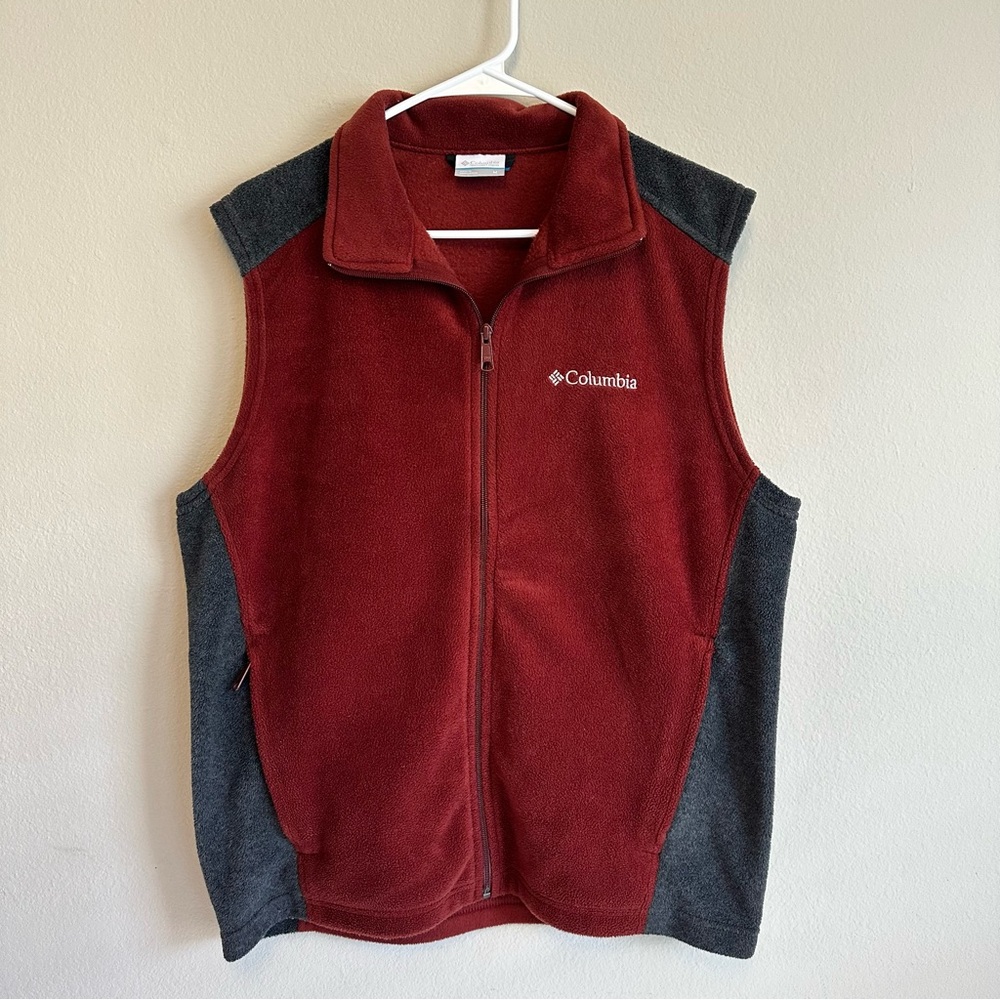 Columbia Mens Medium Brick Red Gray Fleece Zip Up Vest Pockets Lightweight‎